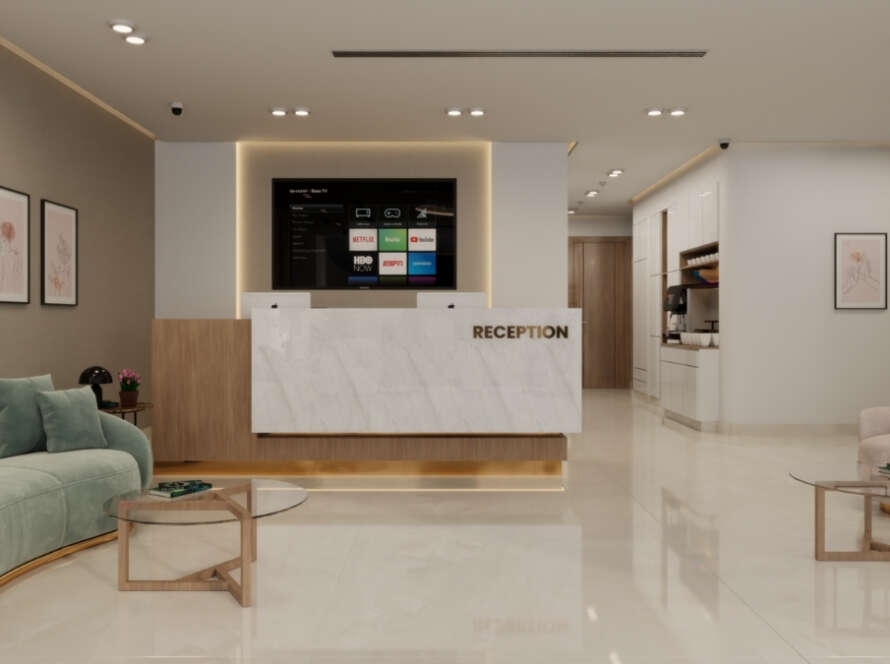 Main reception desk and branding wall at Minal Medical Centre, Dubai. Designed by Citadel Group UAE