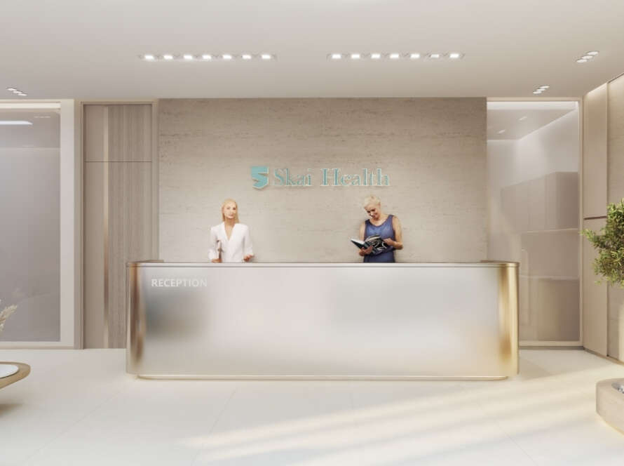 Skai Health Clinic reception with bright soft finishes and welcoming front desk