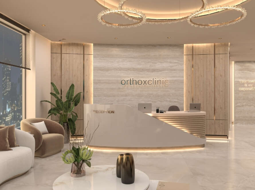 Ortho X Clinic reception and waiting area in Dubai designed by Citadel Group healthcare planner